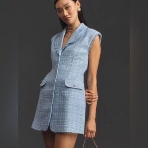 NWT Anthropologie Maeve Sleeveless Tweed Blazer Mini Dress Light Blue Sz 10 $168
